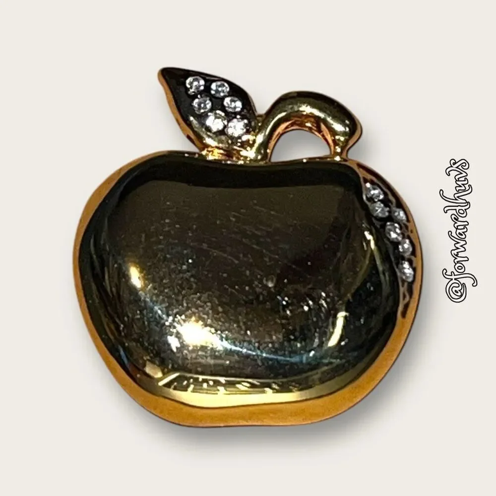 Gold Tone Apple Brooch With Rhinestone Embellishment